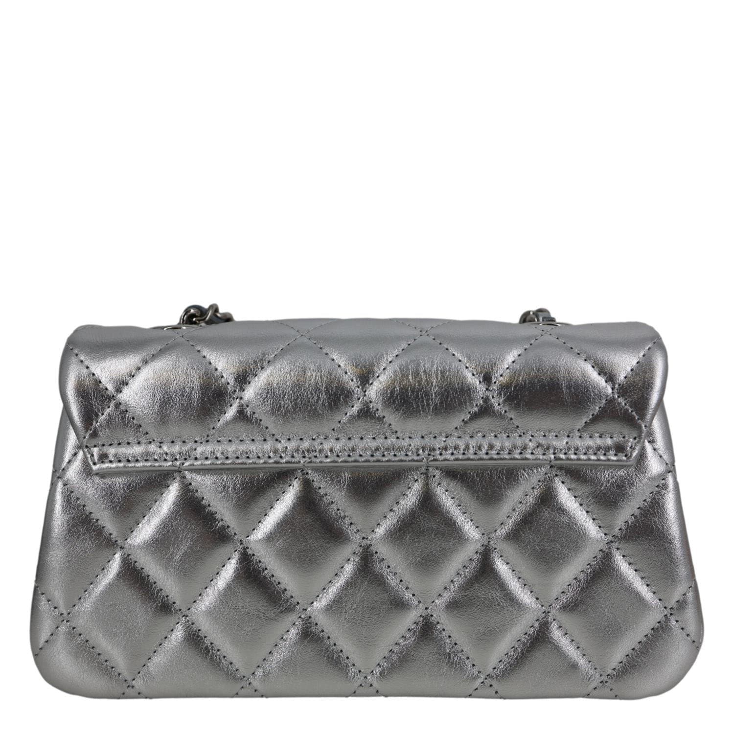 CHANEL Metallic O Phone Holder Quilted Lambskin Leather Chain Bag Silver