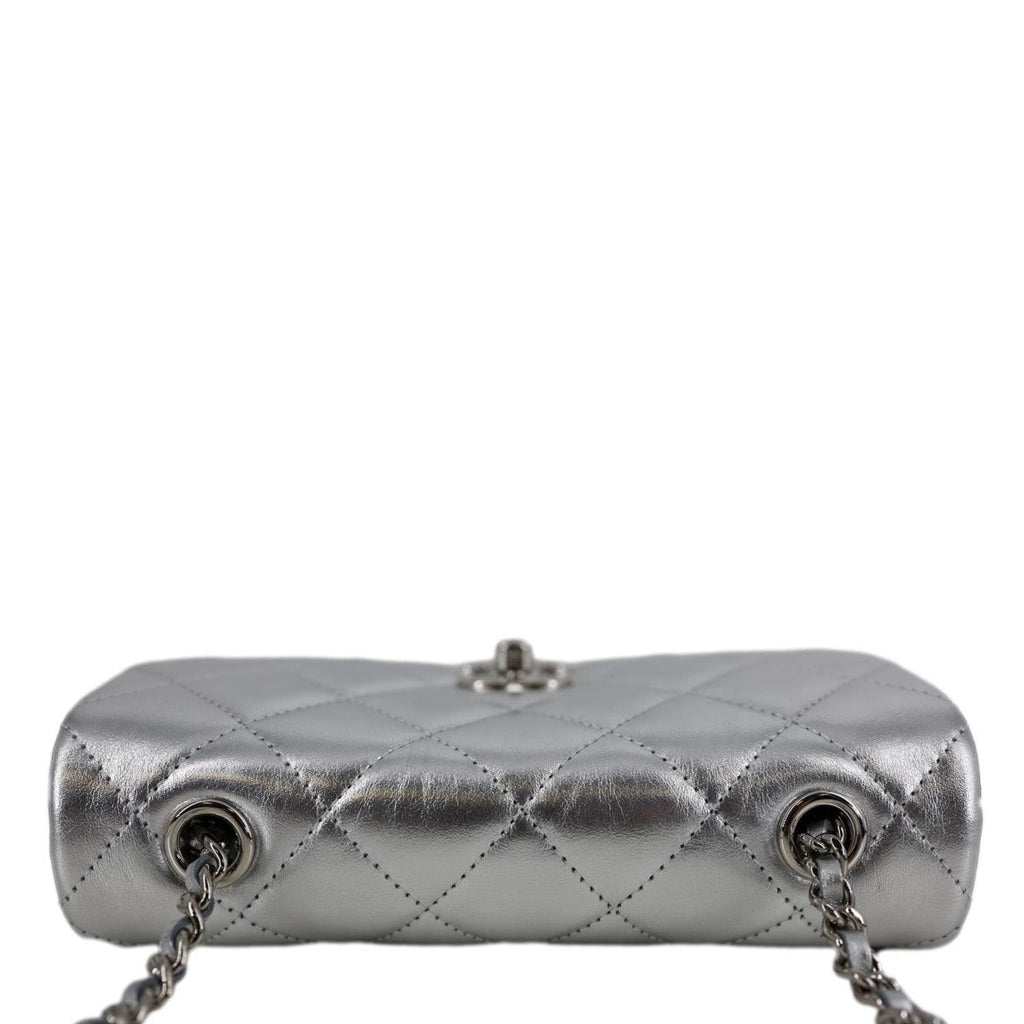 CHANEL Metallic O Phone Holder Quilted Lambskin Leather Chain Bag Silver