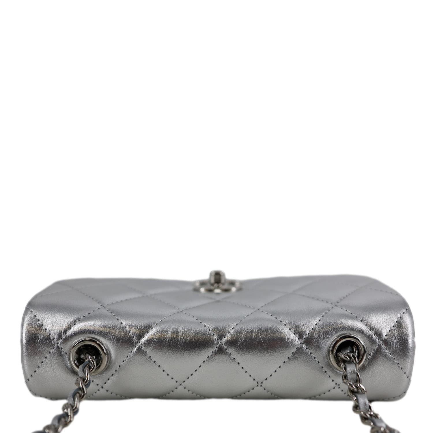 CHANEL Metallic O Phone Holder Quilted Lambskin Leather Chain Bag Silver