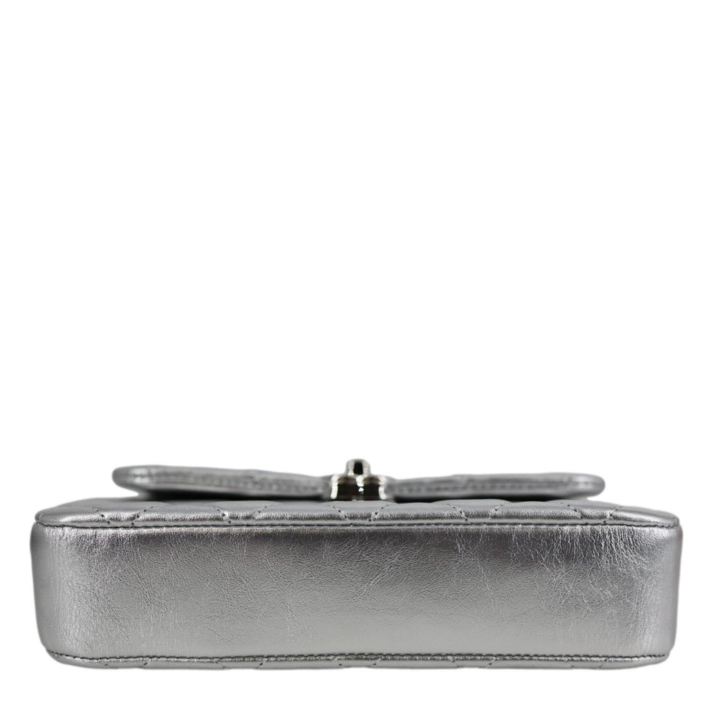 CHANEL Metallic O Phone Holder Quilted Lambskin Leather Chain Bag Silver
