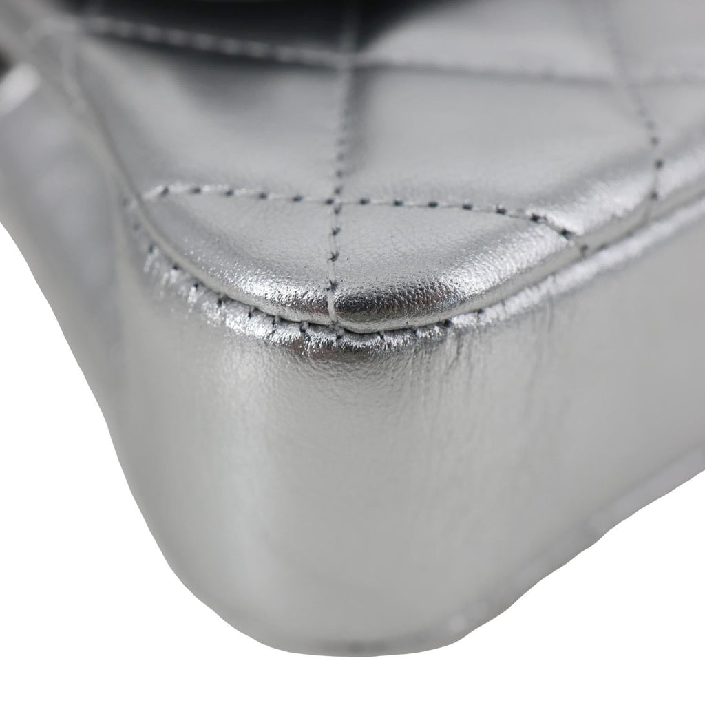 CHANEL Metallic O Phone Holder Quilted Lambskin Leather Chain Bag Silver