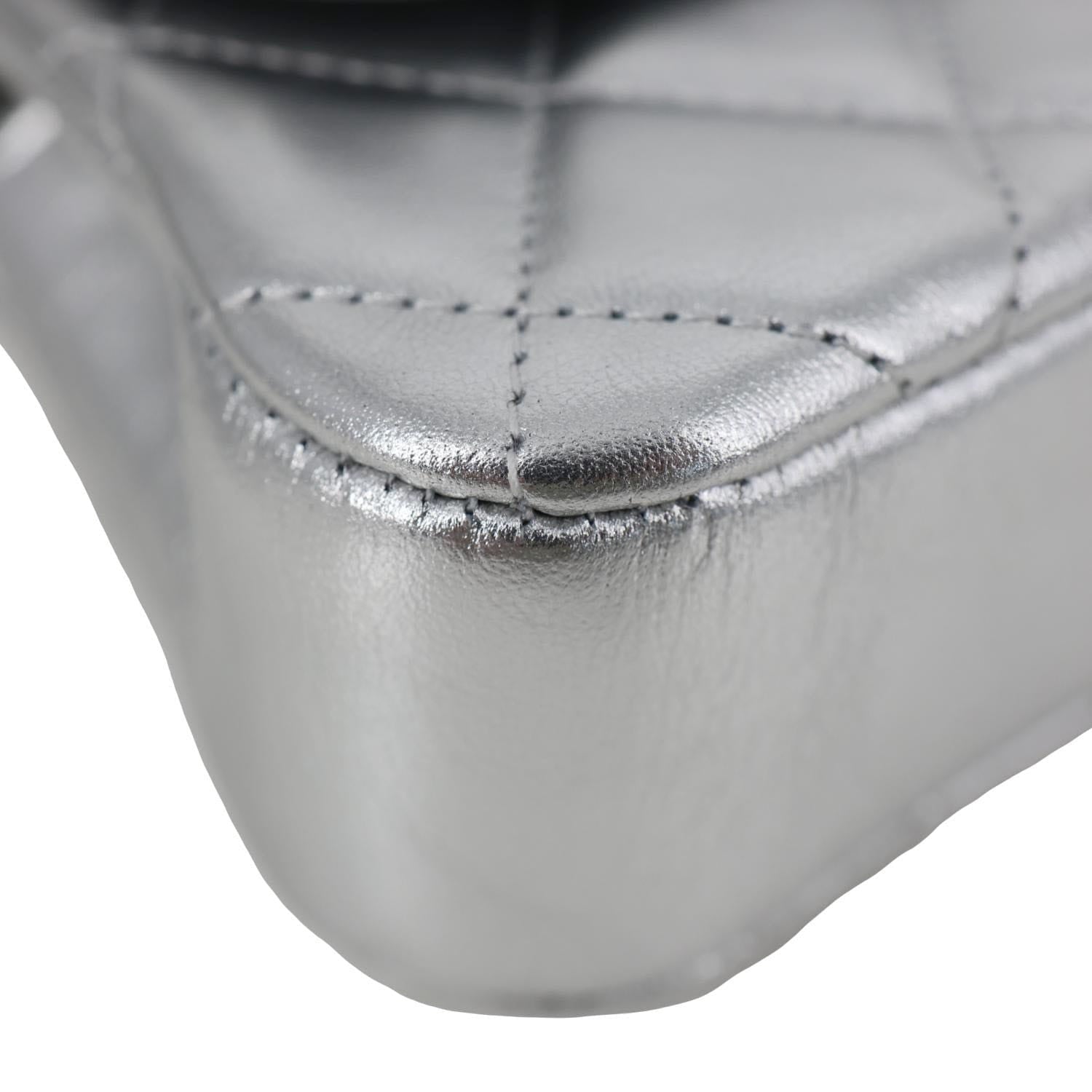 CHANEL Metallic O Phone Holder Quilted Lambskin Leather Chain Bag Silver