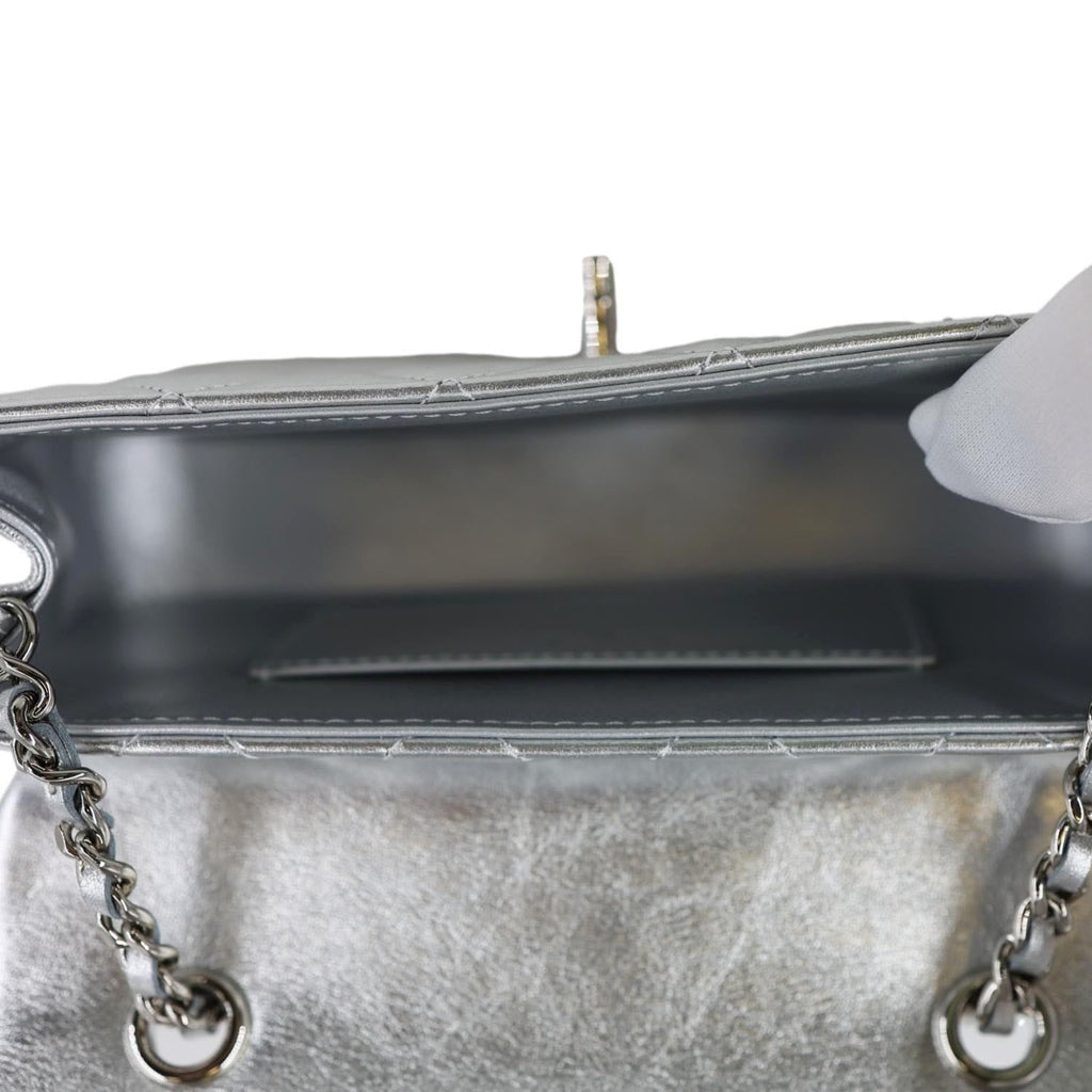 CHANEL Metallic O Phone Holder Quilted Lambskin Leather Chain Bag Silver