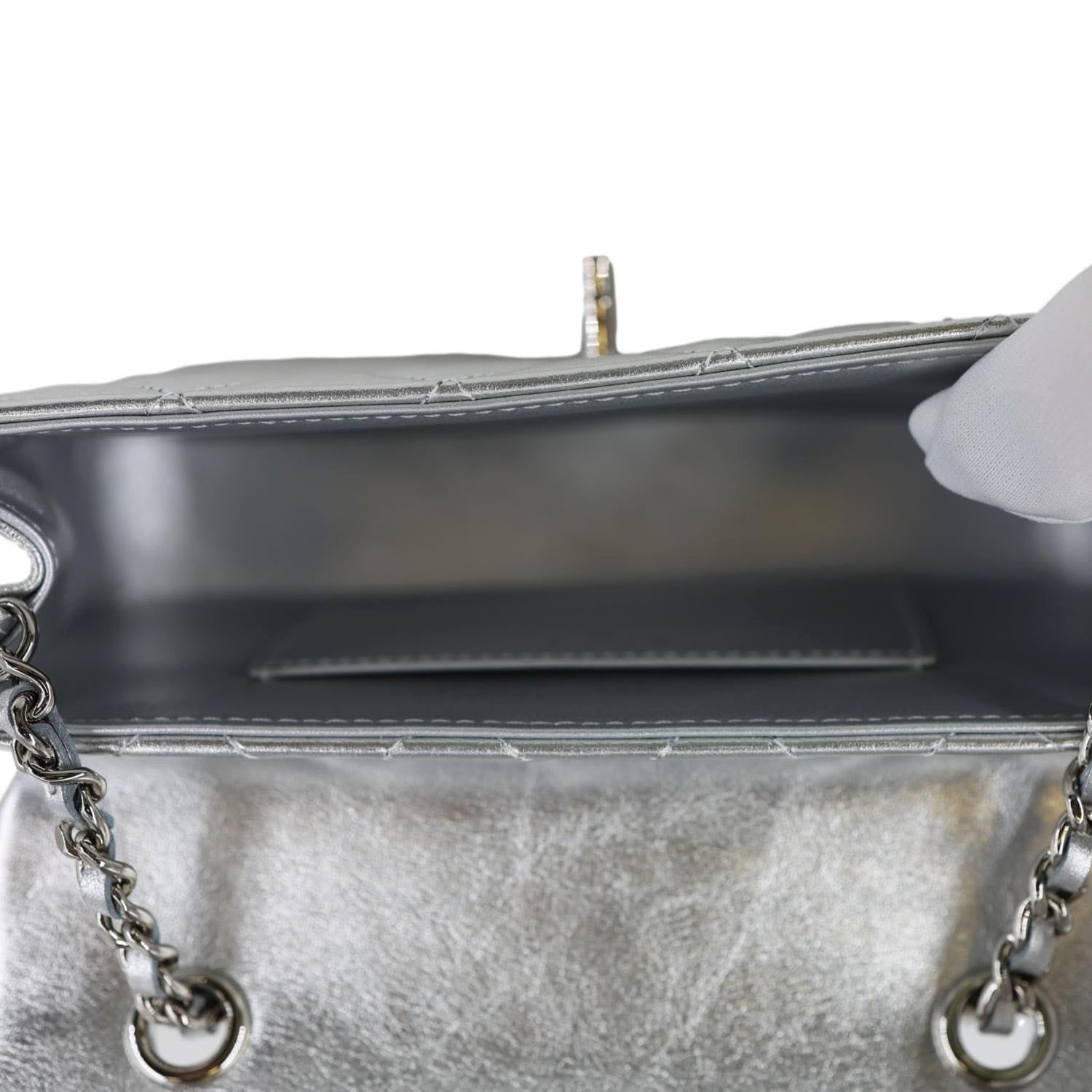 CHANEL Metallic O Phone Holder Quilted Lambskin Leather Chain Bag Silver