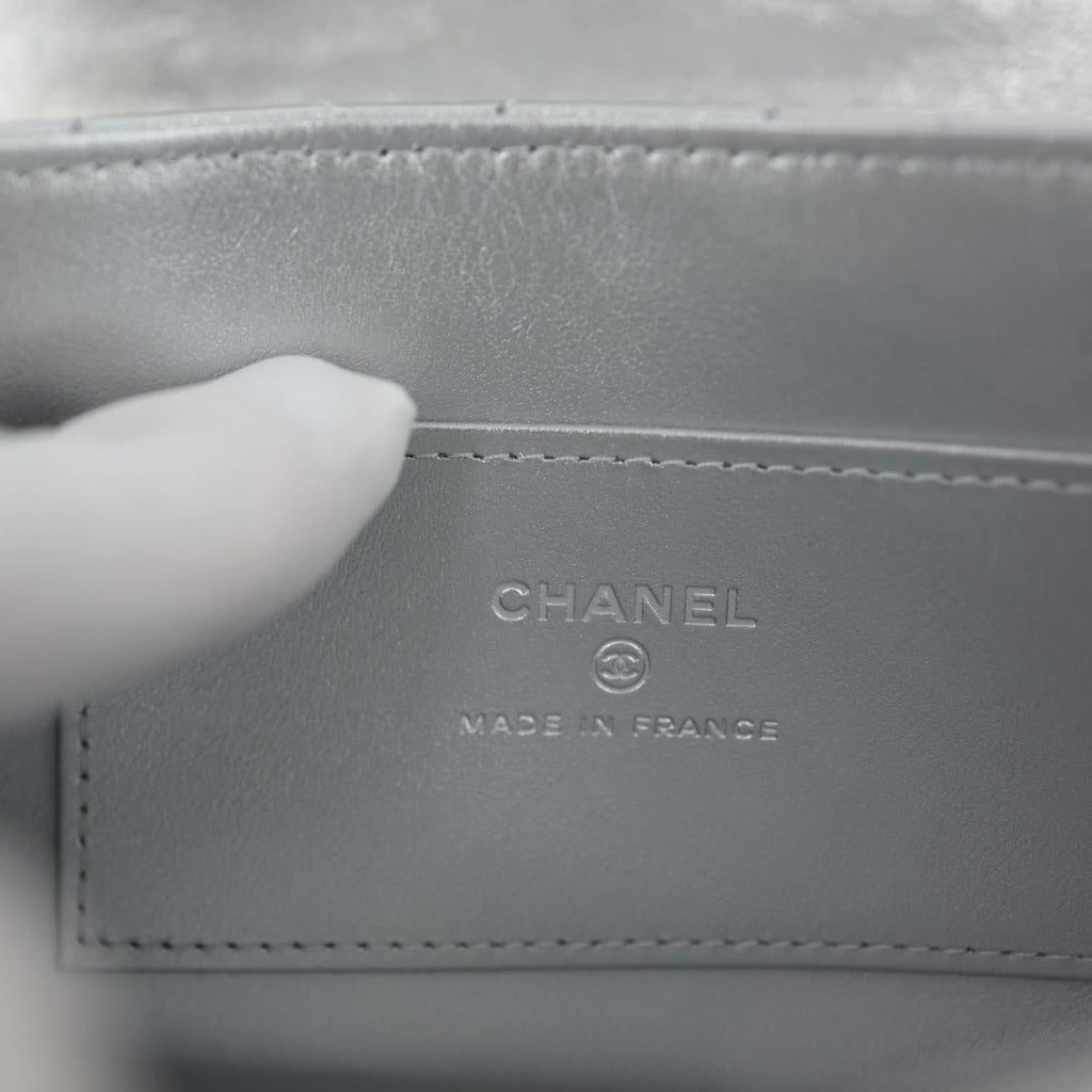 CHANEL Metallic O Phone Holder Quilted Lambskin Leather Chain Bag Silver