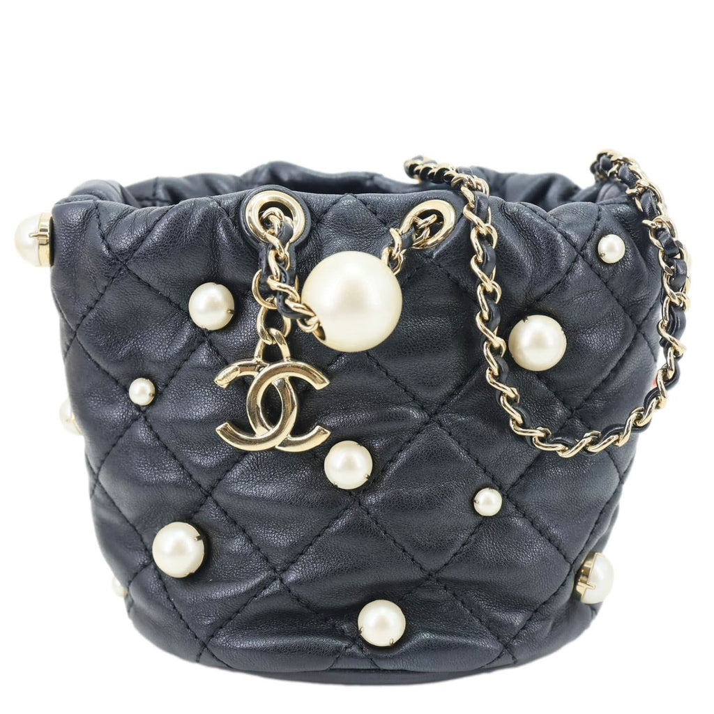 Chanel About Pearls Mini Quilted Lambskin Leather Drawstring Bucket Crossbody Bag Black