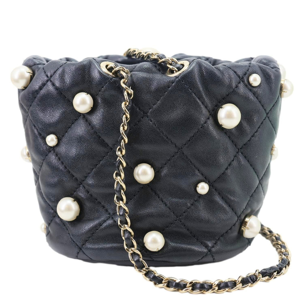 Chanel About Pearls Mini Quilted Lambskin Leather Drawstring Bucket Crossbody Bag Black