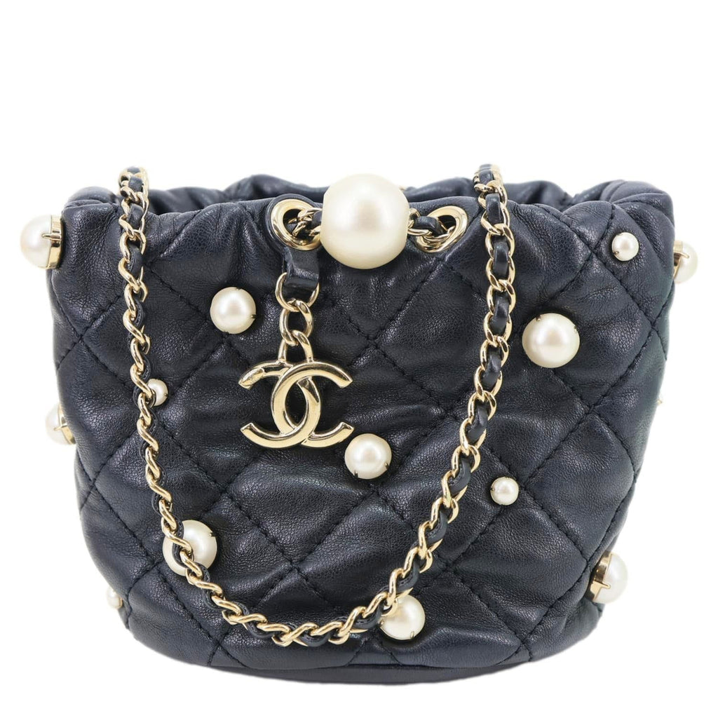 Chanel About Pearls Mini Quilted Lambskin Leather Drawstring Bucket Crossbody Bag Black