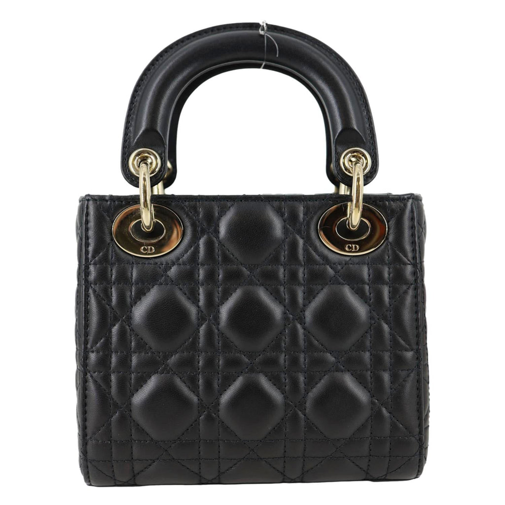 CHRISTIAN DIOR Lady Dior Mini Cannage Lambskin Leather Tote Shoulder Bag Black
