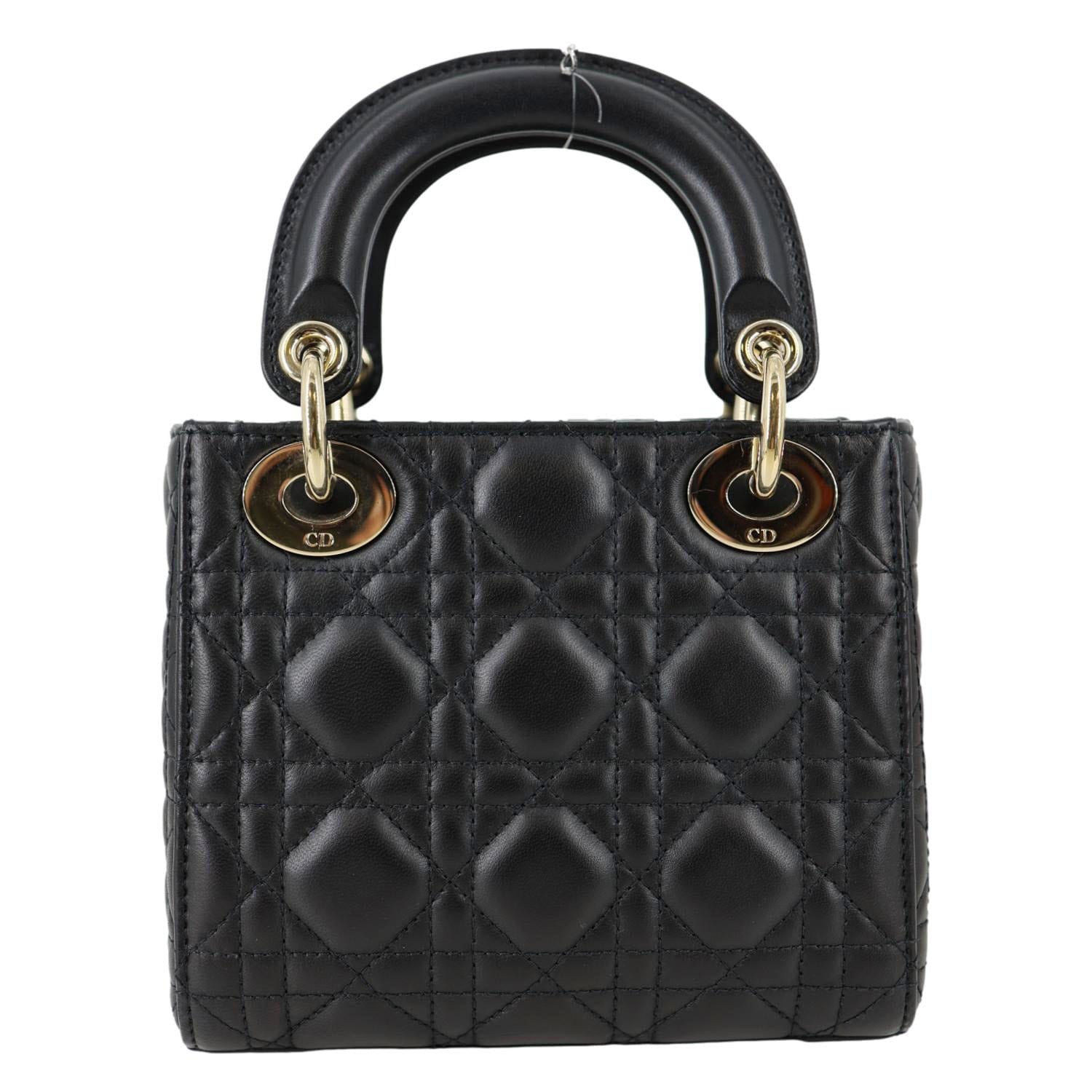 CHRISTIAN DIOR Lady Dior Mini Cannage Lambskin Leather Tote Shoulder Bag Black