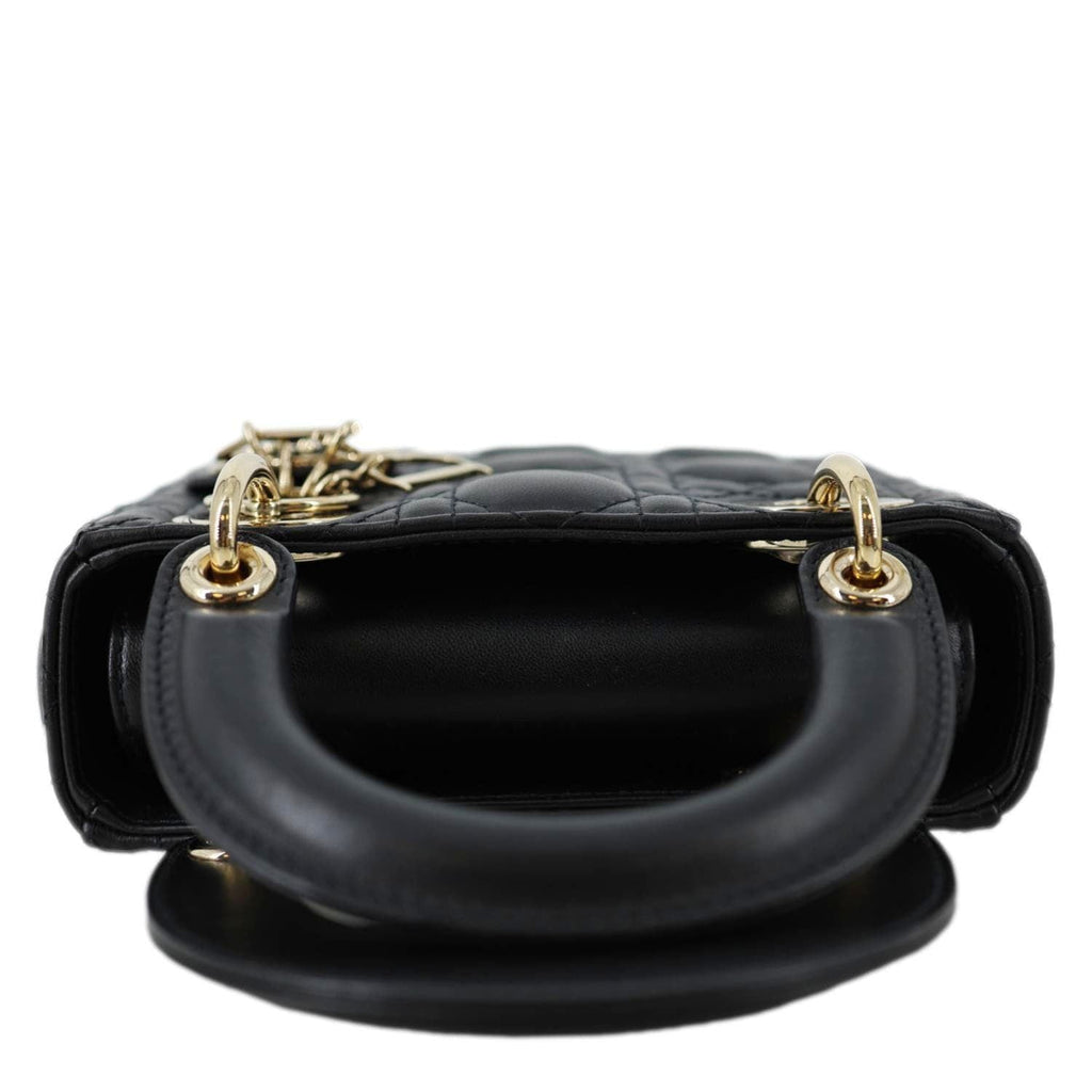 CHRISTIAN DIOR Lady Dior Mini Cannage Lambskin Leather Tote Shoulder Bag Black