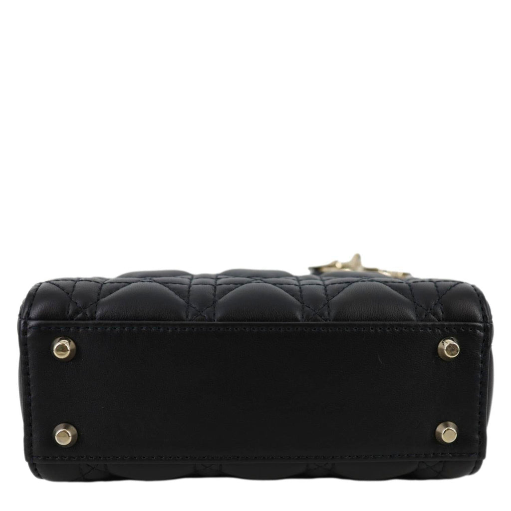 CHRISTIAN DIOR Lady Dior Mini Cannage Lambskin Leather Tote Shoulder Bag Black
