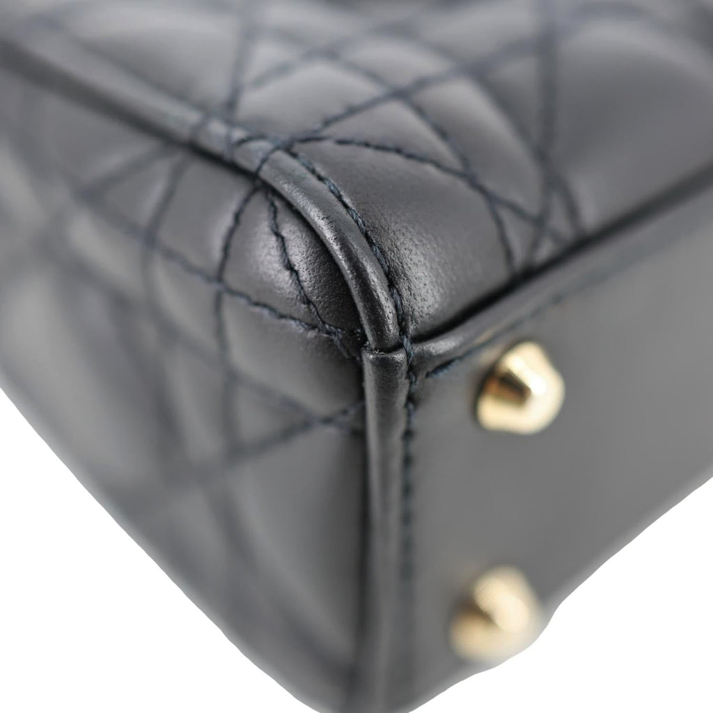 CHRISTIAN DIOR Lady Dior Mini Cannage Lambskin Leather Tote Shoulder Bag Black