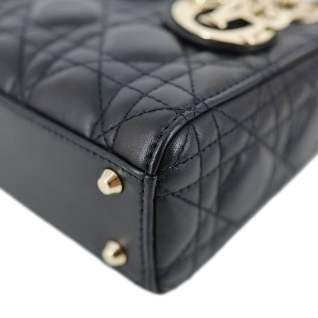 CHRISTIAN DIOR Lady Dior Mini Cannage Lambskin Leather Tote Shoulder Bag Black