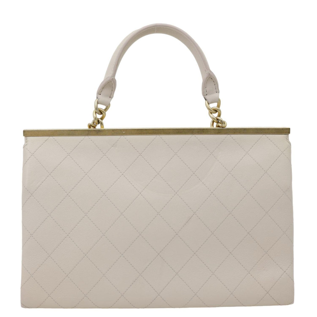 CHANEL Coco Luxe Flap Quilted Lambskin Leather Top Handle Shoulder Bag Off White