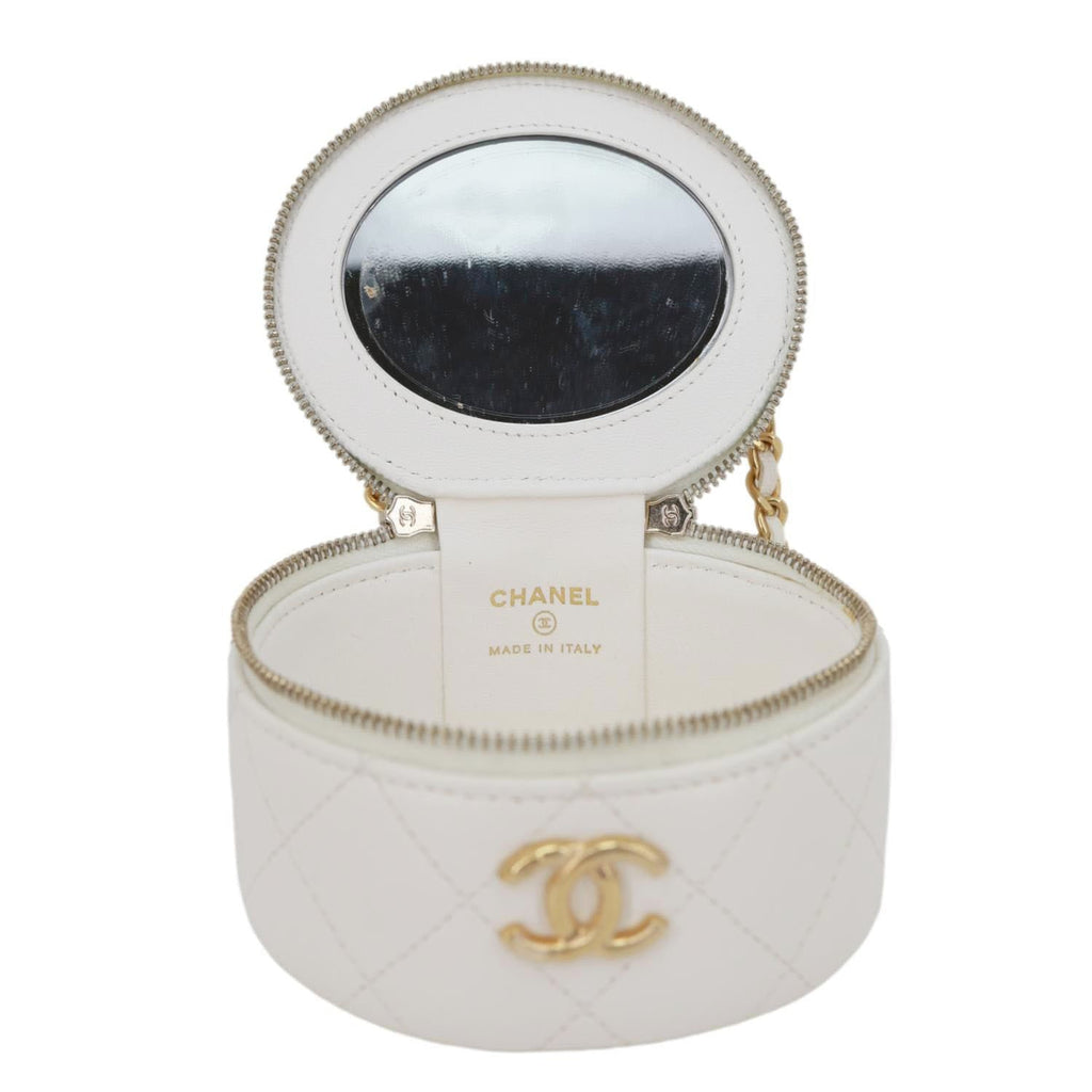 CHANEL Pearly Girl Round Quilted Lambskin Leather Top Handle Vanity Case With Chain White