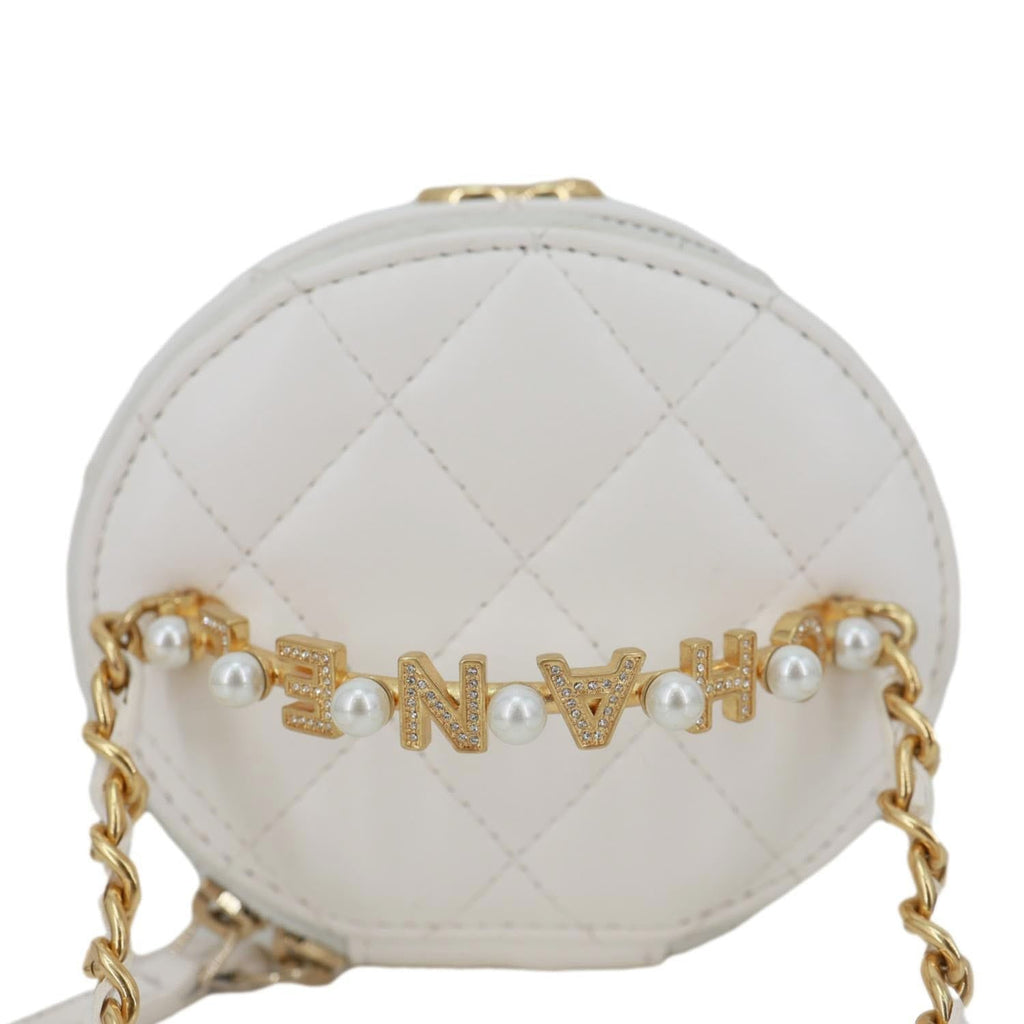CHANEL Pearly Girl Round Quilted Lambskin Leather Top Handle Vanity Case With Chain White