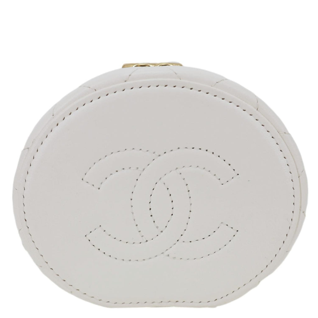 CHANEL Pearly Girl Round Quilted Lambskin Leather Top Handle Vanity Case With Chain White