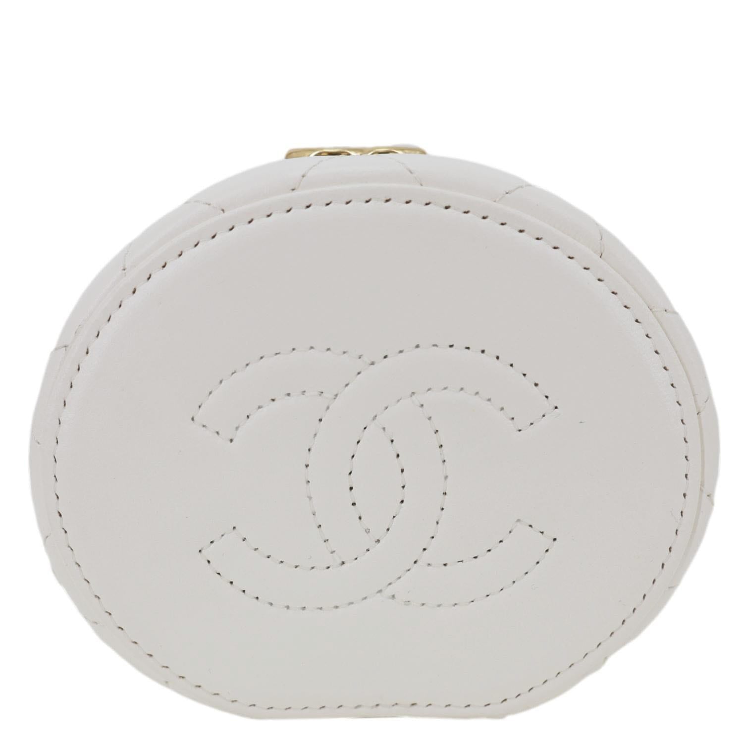 CHANEL Pearly Girl Round Quilted Lambskin Leather Top Handle Vanity Case With Chain White