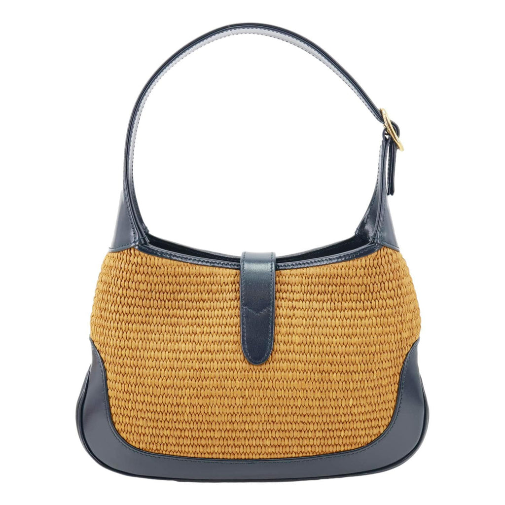 GUCCI Jackie 1961 Small Raffia Straw Lux Shoulder Bag Navy Blue 636706