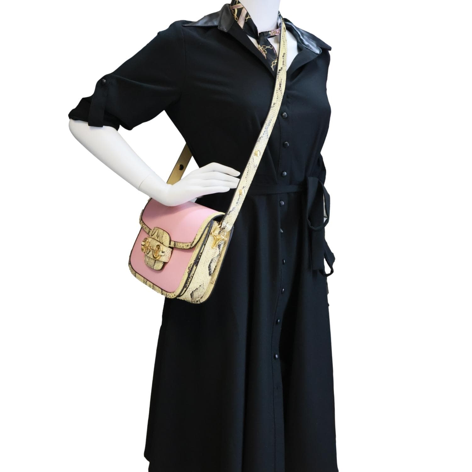 GUCCI Horsebit 1955 Mini Snakeskin Shoulder Bag Pink 602204