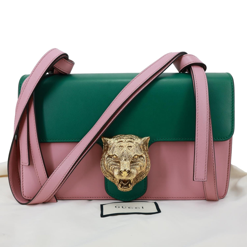 GUCCI Animalier Tiger Head Leather Shoulder Bag Pink 412007
