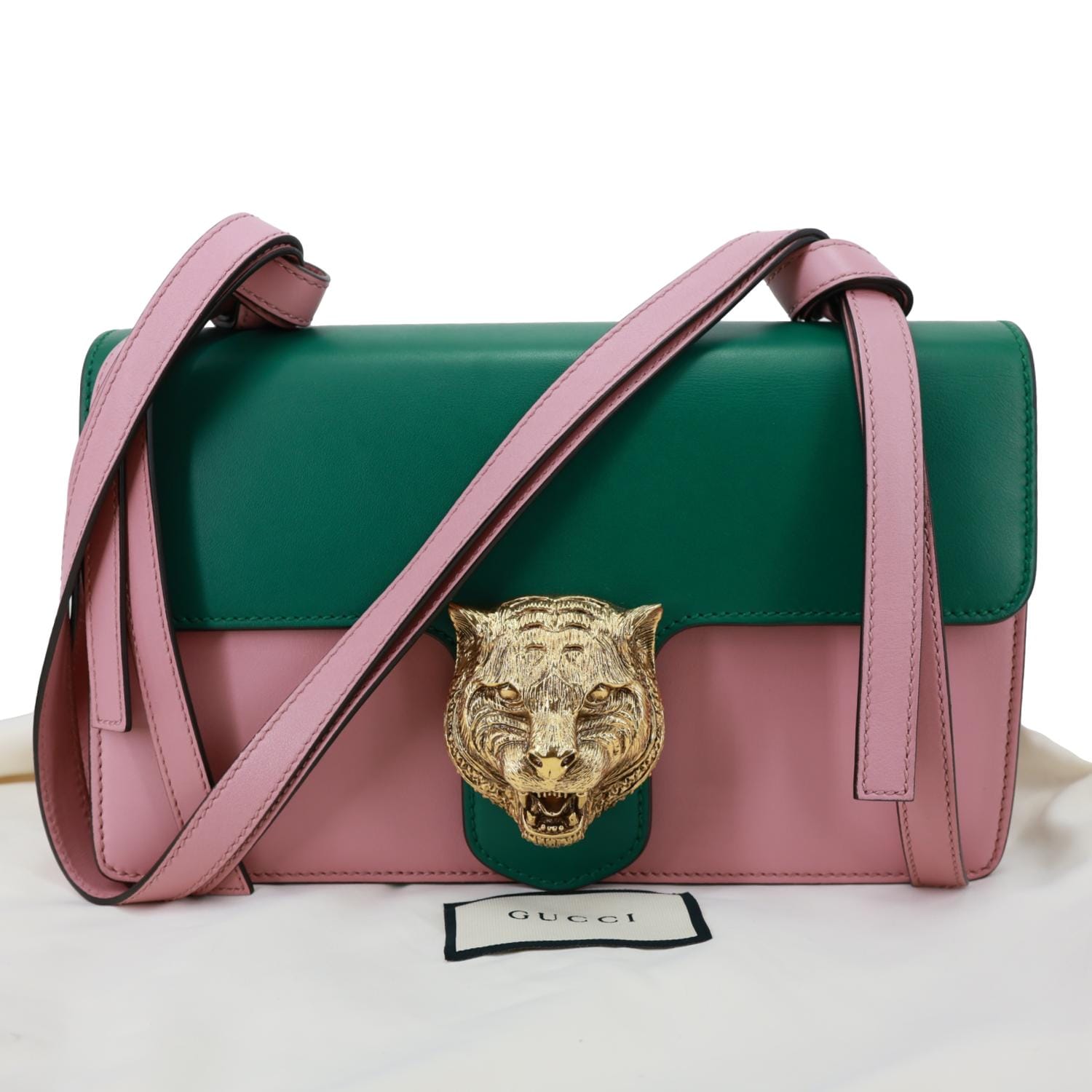 GUCCI Animalier Tiger Head Leather Shoulder Bag Pink 412007