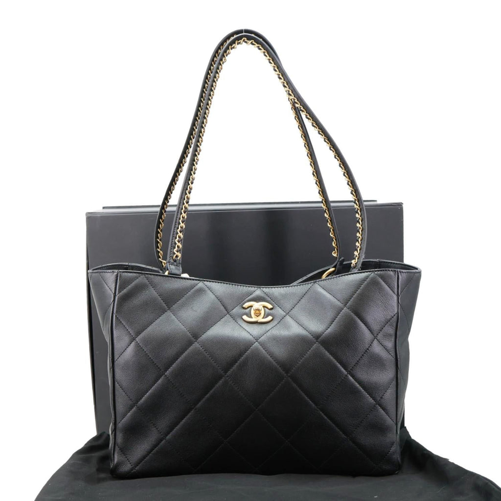 CHANEL Book Pocket Quilted Calfskin Shopping Tote Bag Black