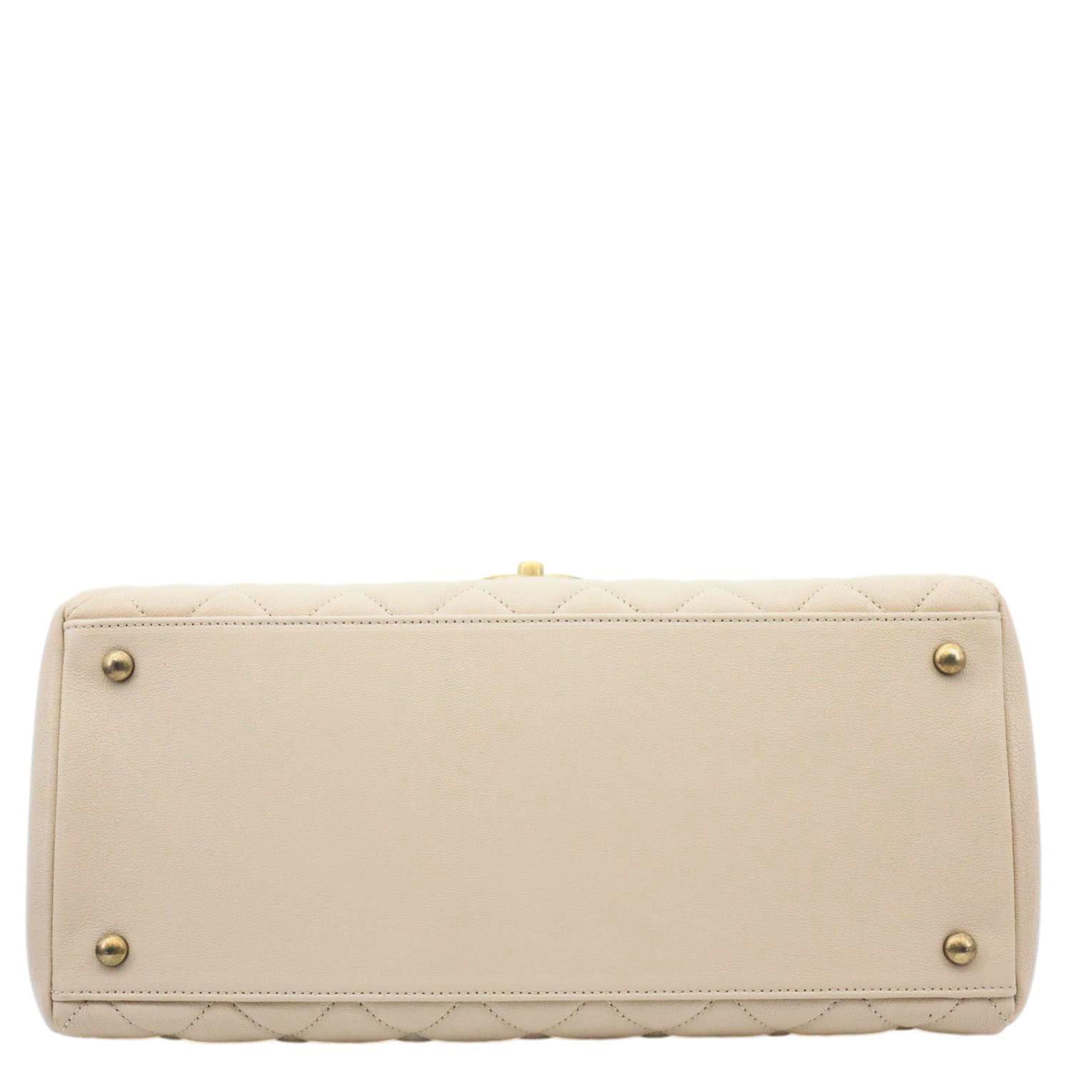 CHANEL Trapezio Flap Large Quilted Sheepskin Leather Crossbody Bag Beige