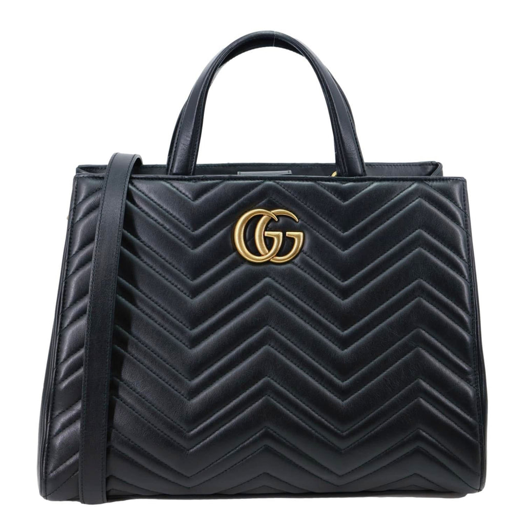 GUCCI GG Marmont Medium Calfskin Matelasser Leather Tote Shoulder Bag Black 443505