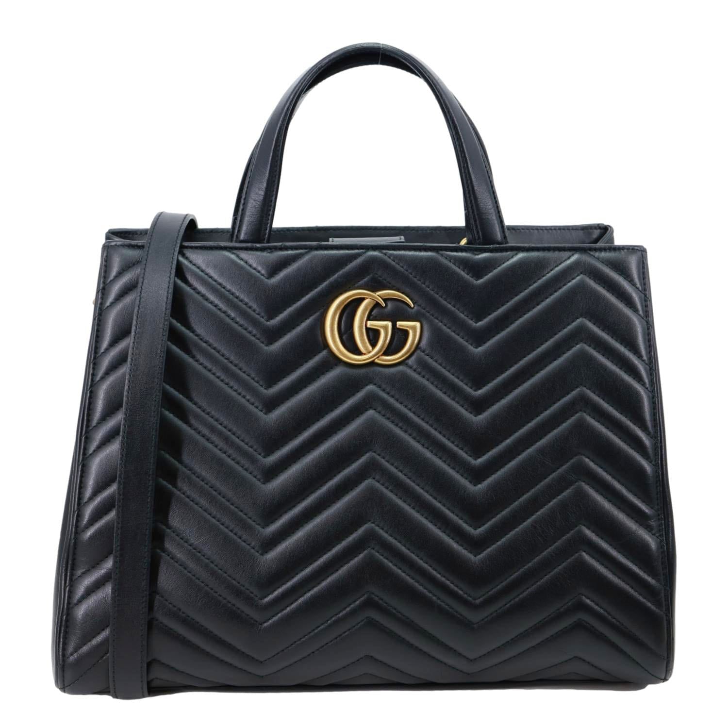 GUCCI GG Marmont Medium Calfskin Matelasser Leather Tote Shoulder Bag Black 443505