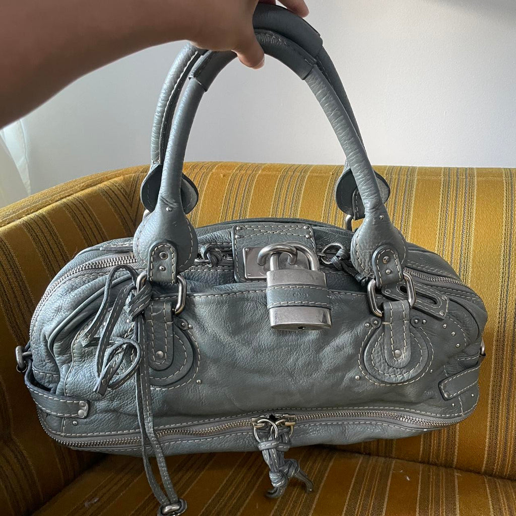 🔥 Authentic Vintage Chloé Paddington Zippy Satchel Bag in Grey Blue Leather Pre-owned 🔥