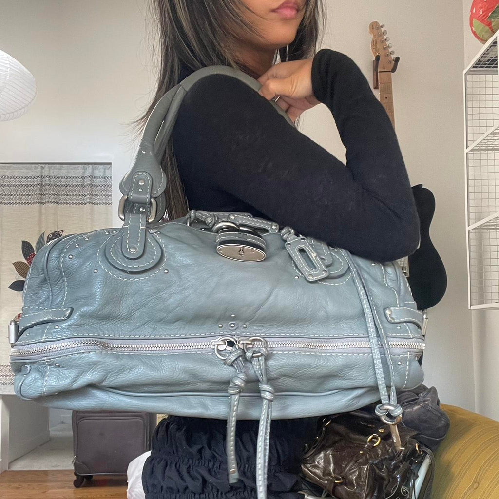 🔥 Authentic Vintage Chloé Paddington Zippy Satchel Bag in Grey Blue Leather Pre-owned 🔥