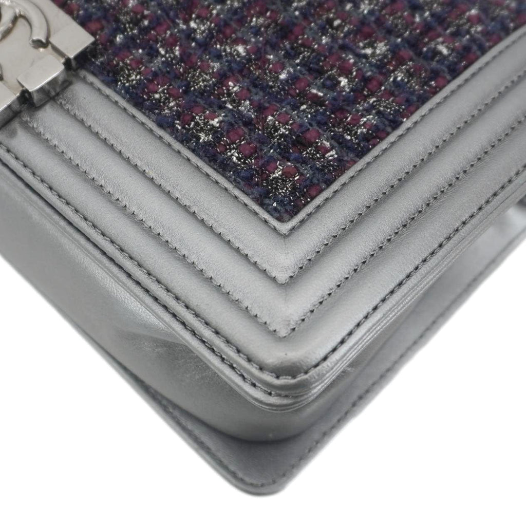 CHANEL Boy Flap Tweed Bag Shoulder Bag Silver