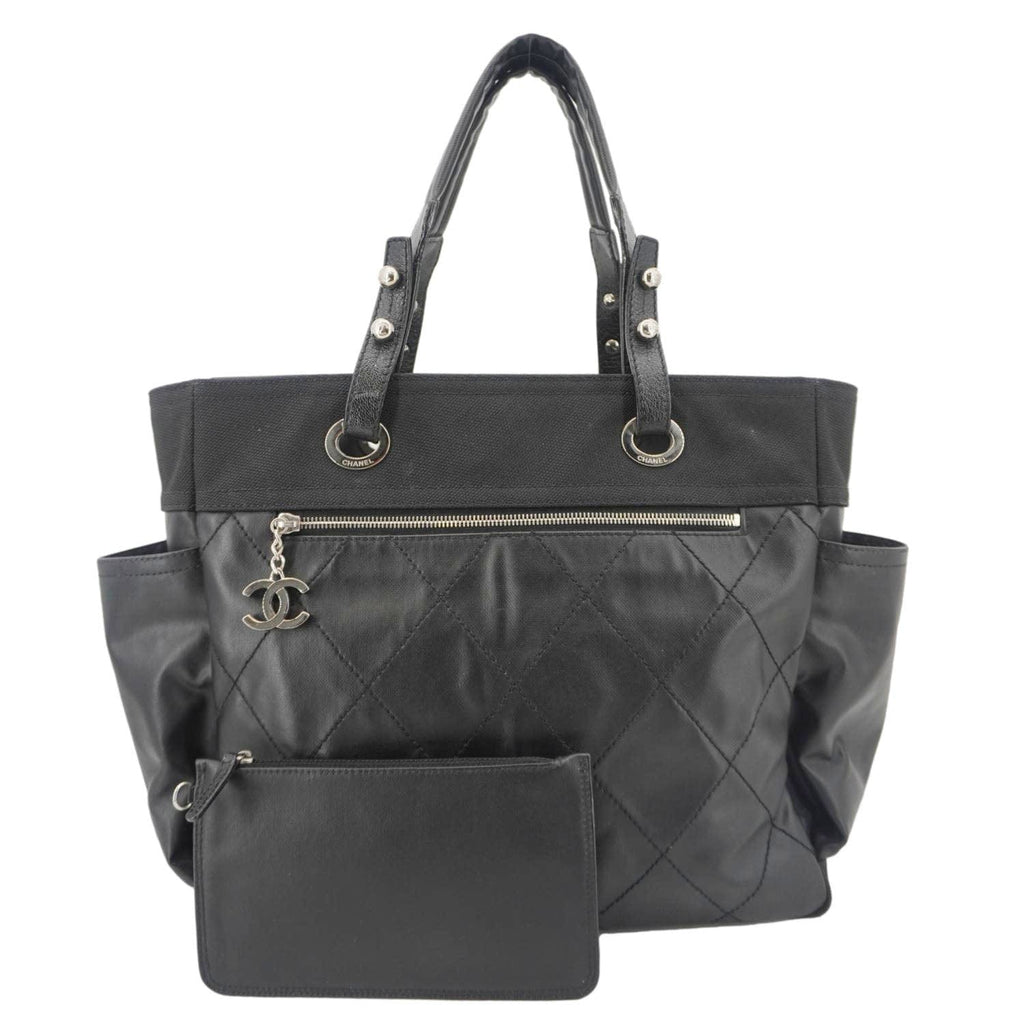 CHANEL Paris Biarritz Quilted Coated Canvas Grand Shopping Tote Bag Black