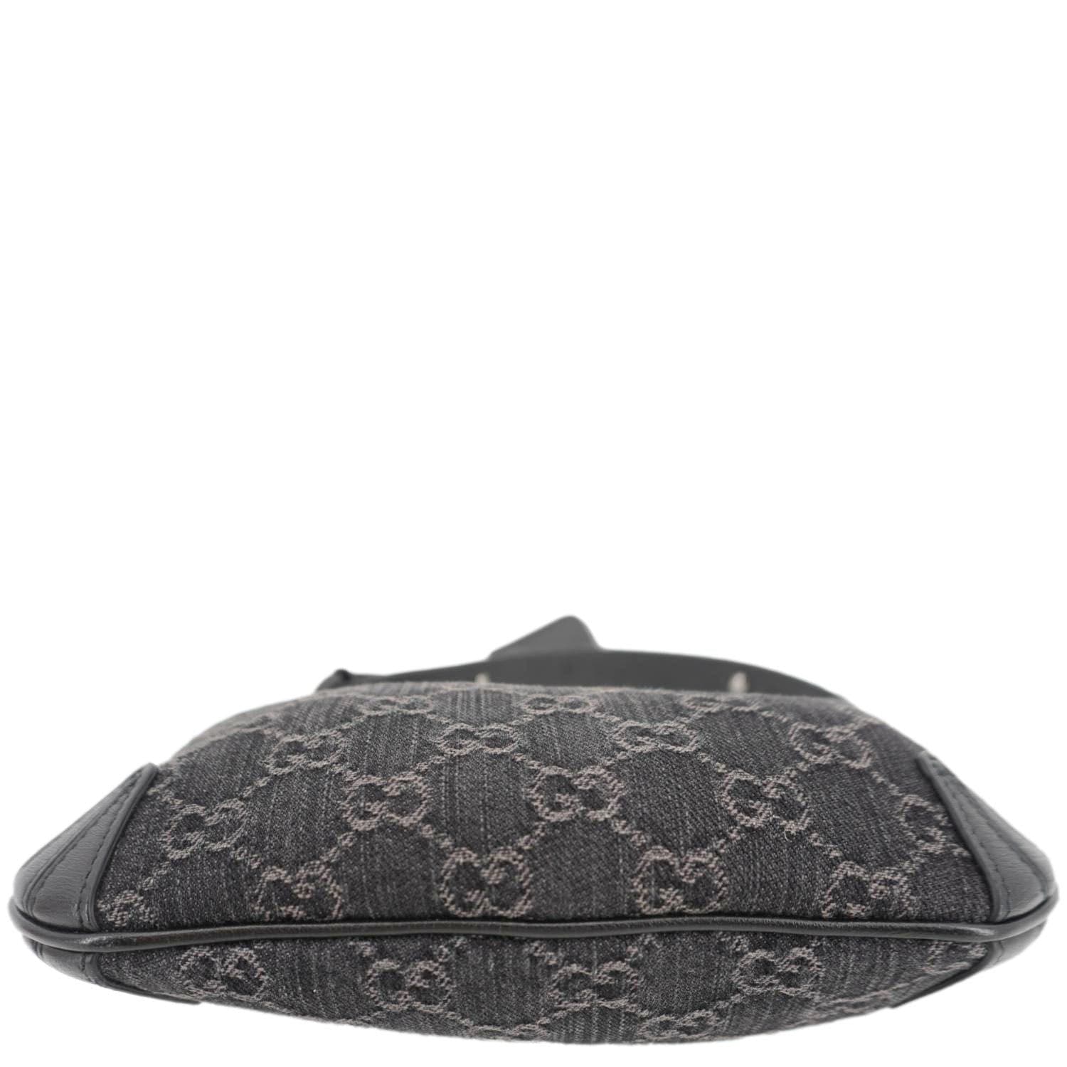 GUCCI Horsebit Slim Small GG Monogram Denim Hobo Shoulder Bag Black 774719