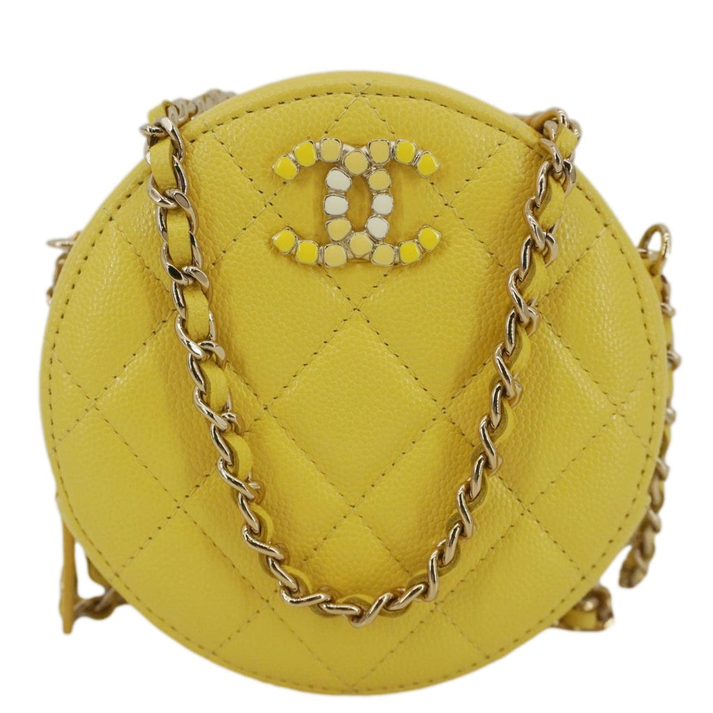 CHANEL Crystal CC Round Quilted Caviar Leather Chain Crossbody Bag Yellow