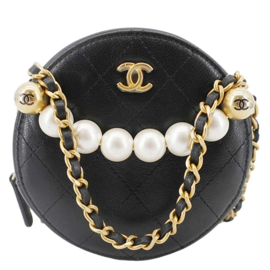 CHANEL Round Chic Pearls Quilted Leather Crossbody Bag Black