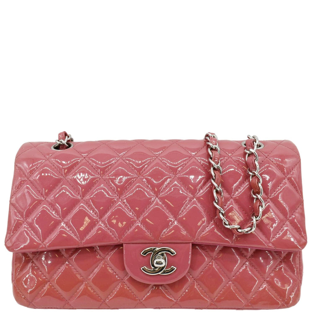 CHANEL Classic Double Flap Medium Quilted Patent Leather Shoulder Bag Dark Pink