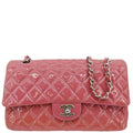 CHANEL Classic Double Flap Medium Quilted Patent Leather Shoulder Bag Dark Pink