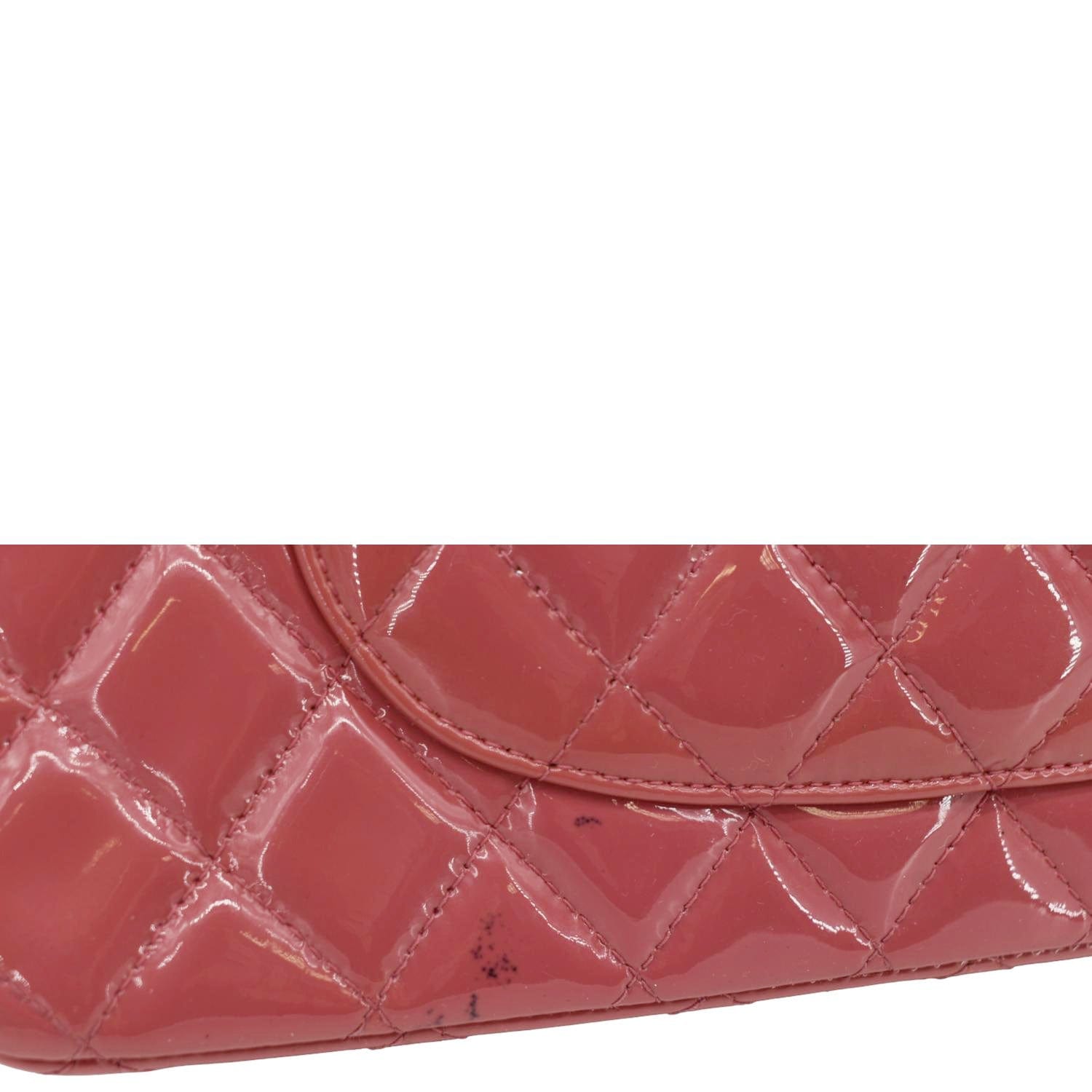CHANEL Classic Double Flap Medium Quilted Patent Leather Shoulder Bag Dark Pink