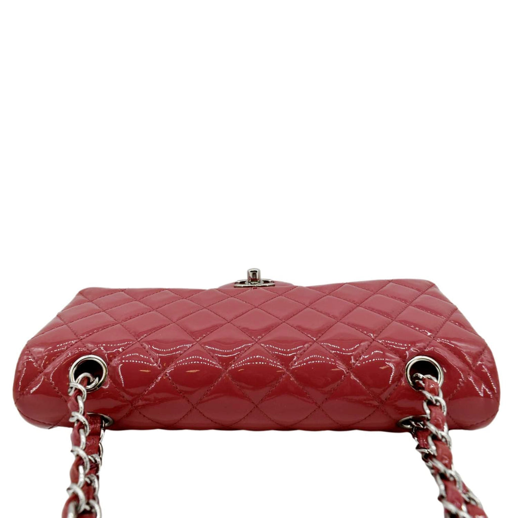 CHANEL Classic Double Flap Medium Quilted Patent Leather Shoulder Bag Dark Pink