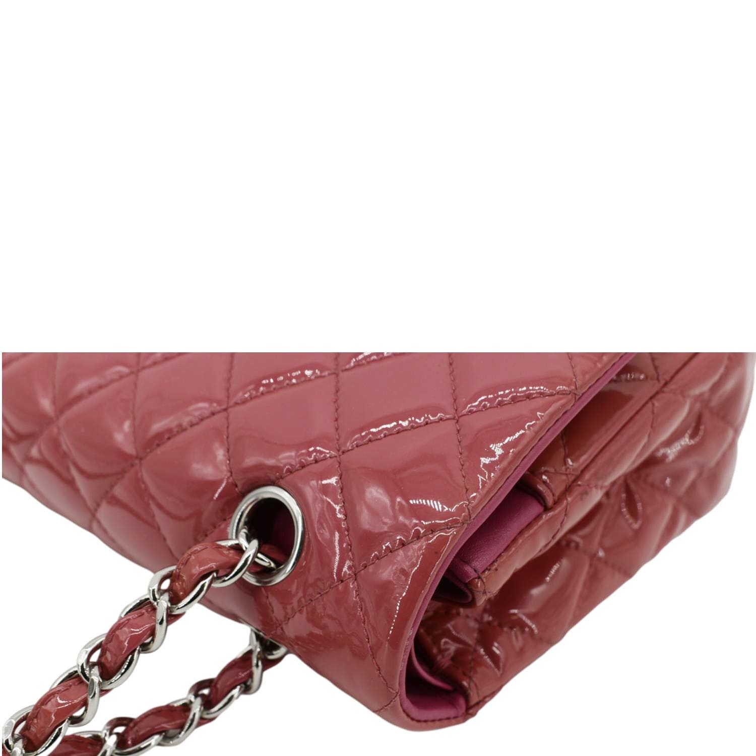CHANEL Classic Double Flap Medium Quilted Patent Leather Shoulder Bag Dark Pink