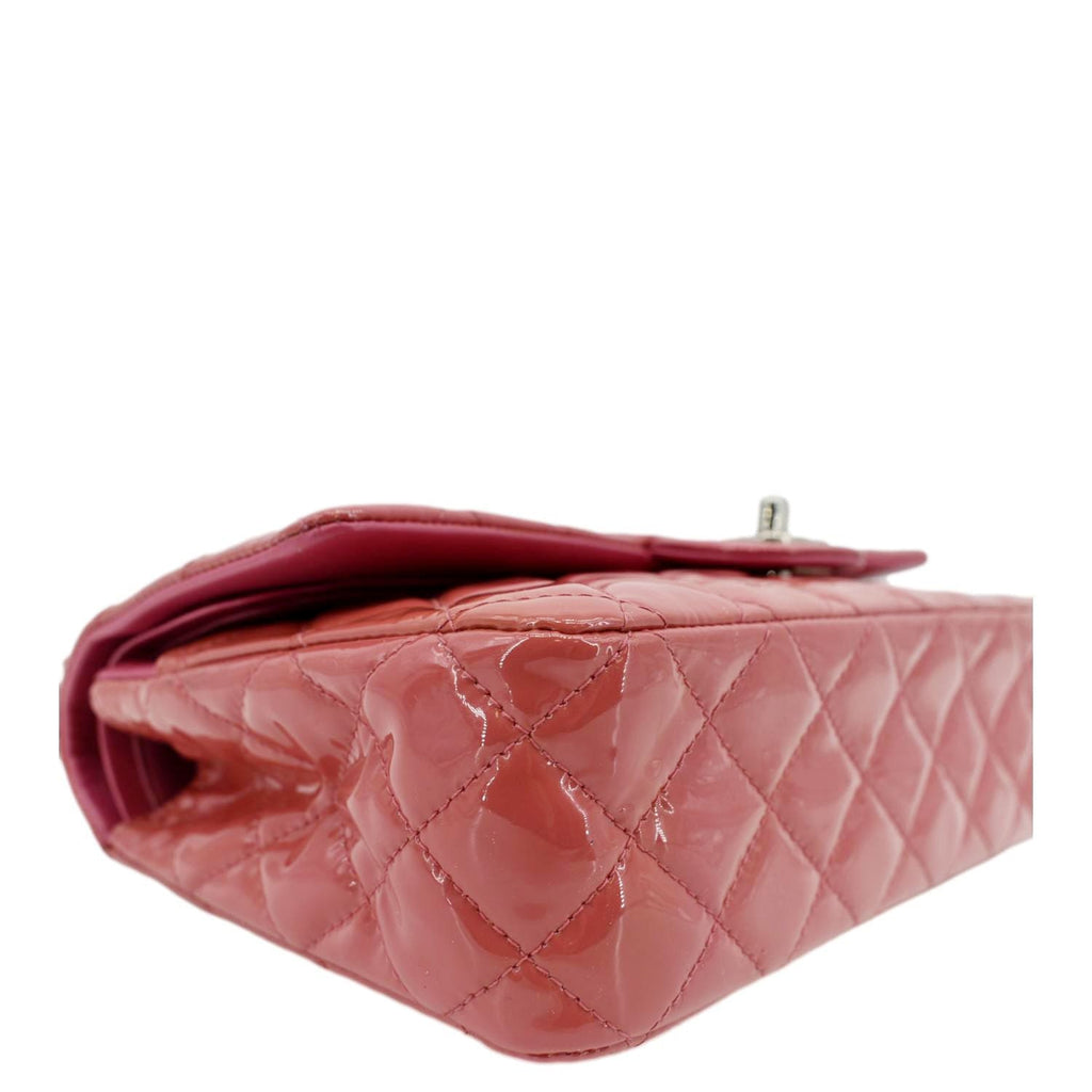 CHANEL Classic Double Flap Medium Quilted Patent Leather Shoulder Bag Dark Pink