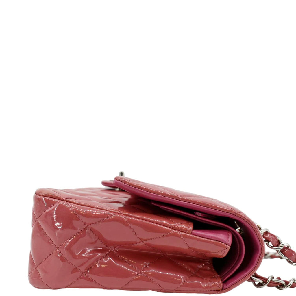 CHANEL Classic Double Flap Medium Quilted Patent Leather Shoulder Bag Dark Pink