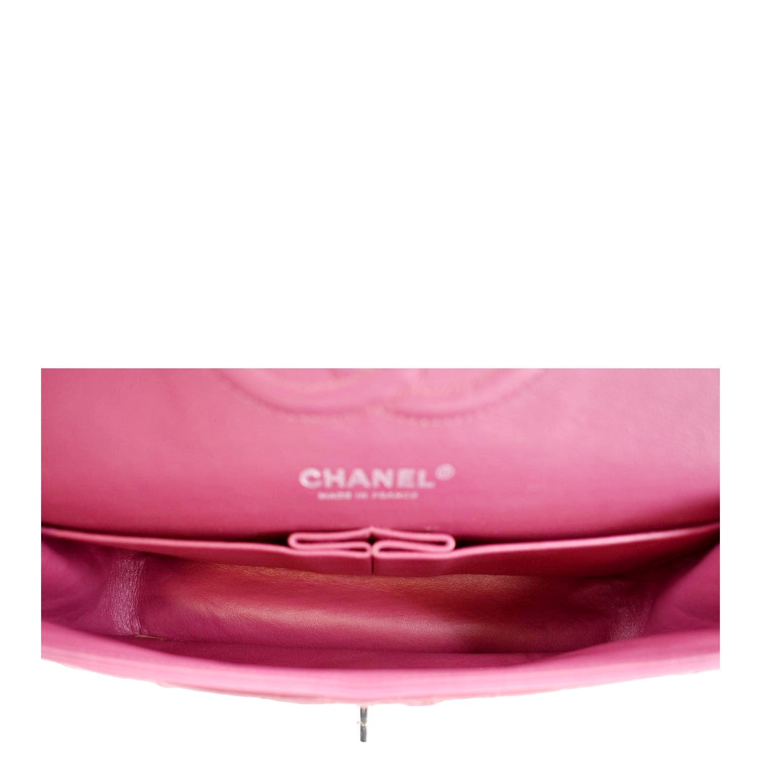 CHANEL Classic Double Flap Medium Quilted Patent Leather Shoulder Bag Dark Pink