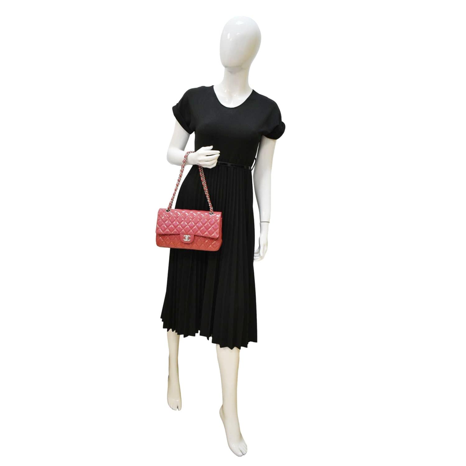 CHANEL Classic Double Flap Medium Quilted Patent Leather Shoulder Bag Dark Pink