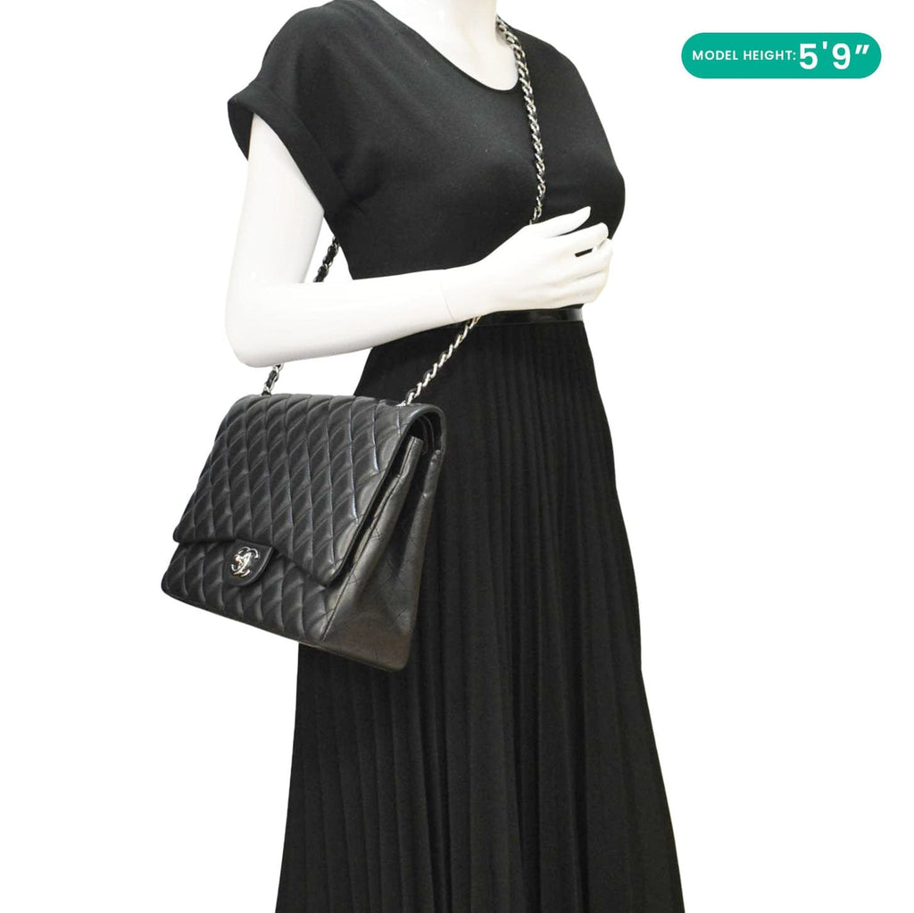 CHANEL Classic Maxi Double Flap Quilted Leather Crossbody Bag Black