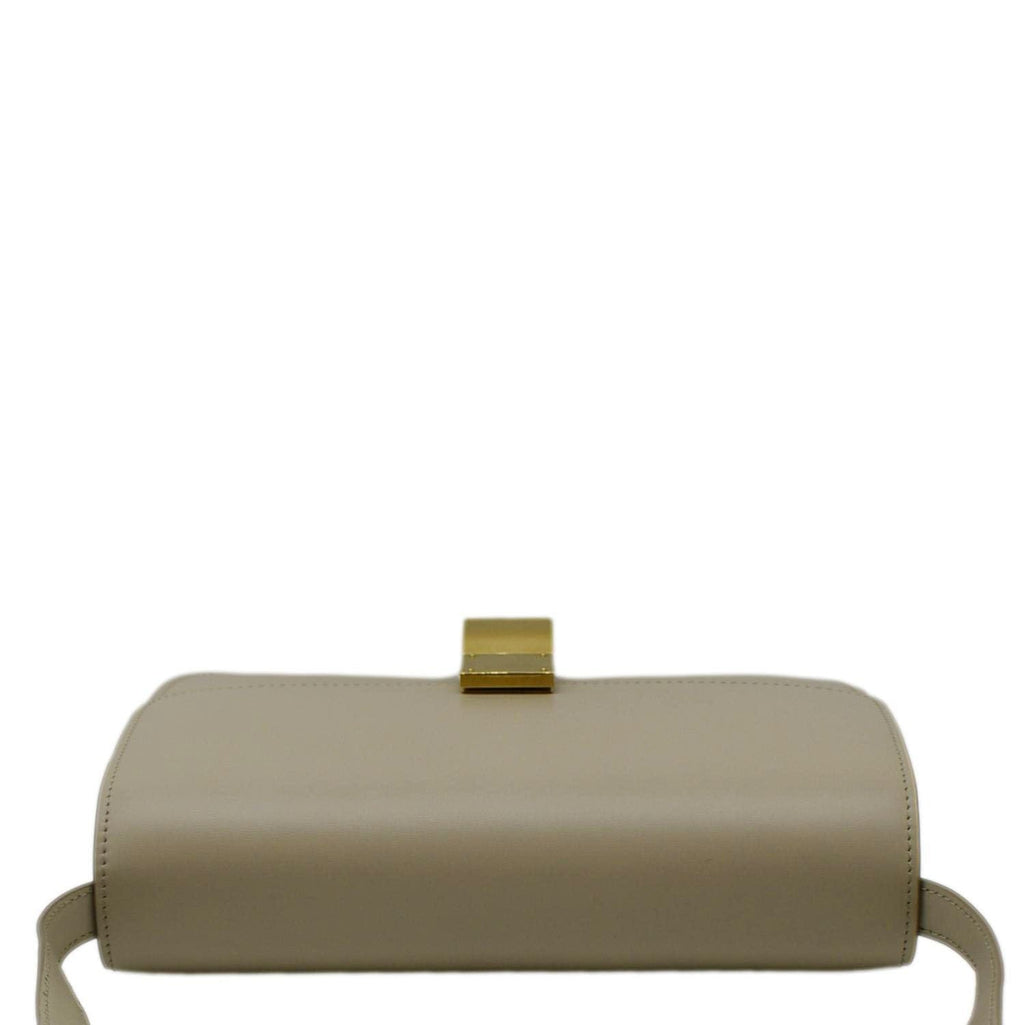 CELINE Classic Box Medium Leather Flap Shoulder Bag Greige