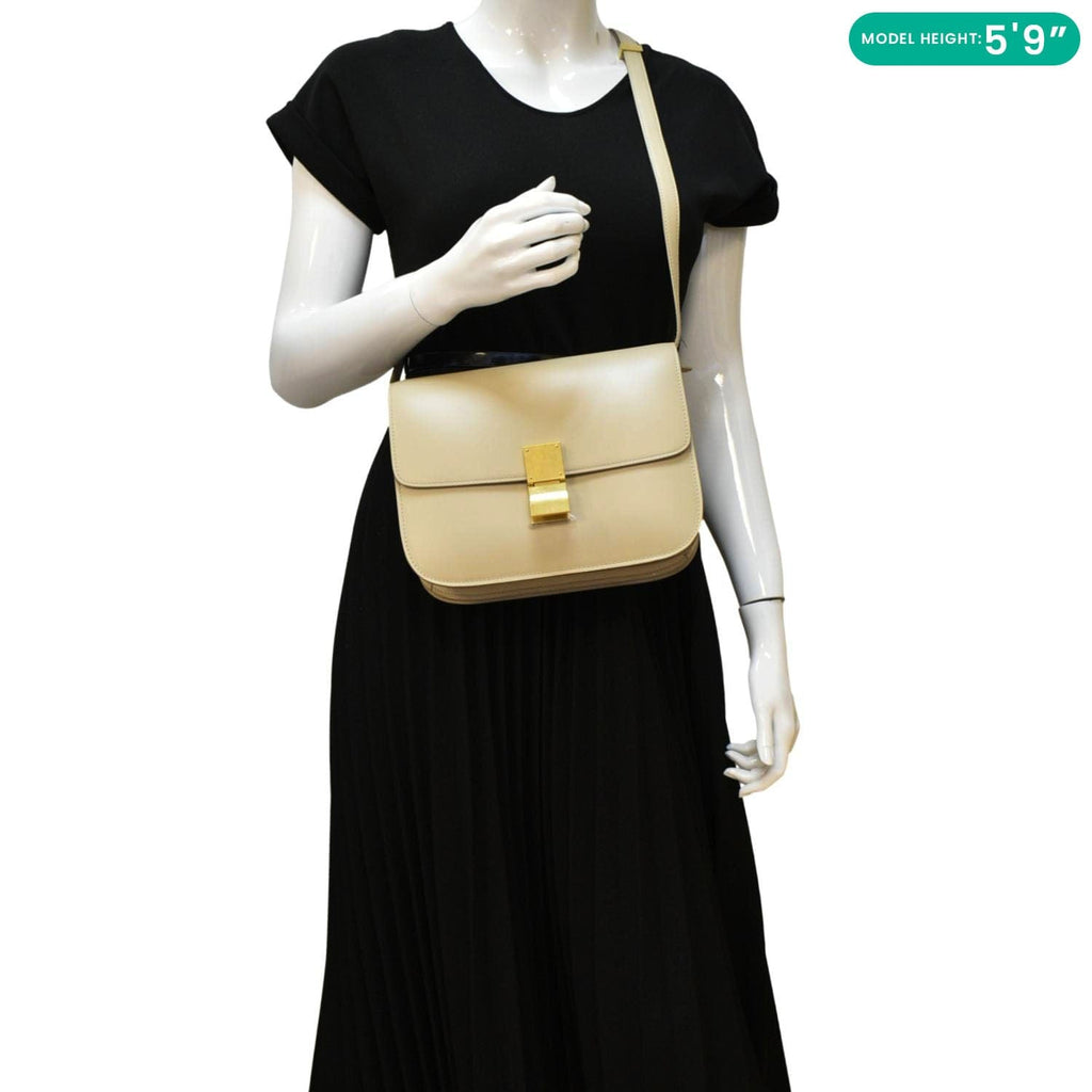 CELINE Classic Box Medium Leather Flap Shoulder Bag Greige